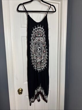 Black Maxi Dress with White Mandala Print - Sleeveless Spaghetti Strap